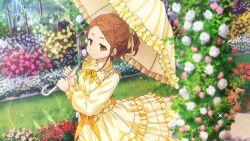 Rule 34 | 1girl, 22/7, 22/7 ongaku no jikan, blurry, bow, braid, brown eyes, brown hair, bush, closed mouth, depth of field, dress, flower, frilled umbrella, frills, game cg, garden, grass, hair bow, hair ribbon, high ponytail, highres, holding, holding umbrella, jitome, kono miyako, lens flare, light particles, long sleeves, looking at viewer, official art, outdoors, parasol, pink flower, plant, potted plant, purple flower, red flower, ribbon, smile, solo, sparkle, standing, sunlight, umbrella, white flower, yellow bow, yellow dress