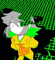 Rule 34 | 1other, androgynous, armband, black background, closed mouth, coat, dithering, green trim, grey eyes, grey hair, grid, highres, houlen yabusame, layered sleeves, len&#039;en, long sleeves, other focus, priswocaer, shirt, short hair, short over long sleeves, short sleeves, yellow armband, yellow shirt