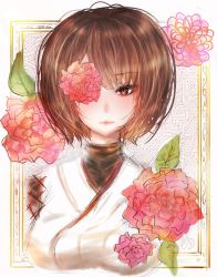 Rule 34 | 10s, 1girl, brown eyes, brown hair, flower, framed, framed breasts, highres, hyuuga (kancolle), kantai collection, looking at viewer, nontraditional miko, nora (salatto), one eye covered, short hair, solo