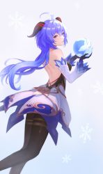 Rule 34 | absurdres, ahoge, back, backless outfit, bare shoulders, black gloves, black pantyhose, blue hair, blush, breasts, curled horns, detached sleeves, from behind, ganyu (genshin impact), genshin impact, gloves, gold trim, highres, horns, long hair, looking at viewer, low ponytail, orb, pantyhose, purple eyes, qilin (mythology), rh og69, smile, solo, thighlet, waist cape, white background, white sleeves, wide sleeves