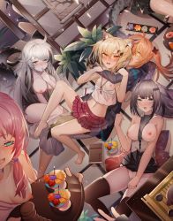 Rule 34 | 6+girls, :d, absurdres, ahoge, animal ear fluff, animal ears, arknights, black shorts, black skirt, blonde hair, blue eyes, blue poison (arknights), breasts, chinese commentary, clothes lift, commentary request, crocodilian tail, doctor (arknights), dutch angle, eunectes (arknights), feather hair, female doctor (arknights), female focus, finger in own mouth, fox ears, gavial (arknights), grey eyes, greythroat (arknights), highres, huge filesize, indoors, jinjide shaonian, large breasts, long hair, miniskirt, multiple girls, nipples, notched ear, open mouth, orange eyes, orange hair, out of frame, pink hair, pleated skirt, pussy, resolution mismatch, short hair, shorts, silver hair, skirt, skirt lift, small breasts, smile, source larger, tail, thighhighs, thighs, tomimi (arknights), vermeil (arknights), zettai ryouiki