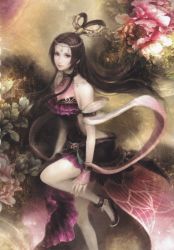 Rule 34 | 1girl, artist request, bare shoulders, dancer, diao chan, flower, jewelry, leg up, lipstick, looking at viewer, lots of jewelry, makeup, official art, shin sangoku musou, solo, traditional clothes