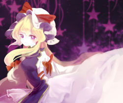 Rule 34 | 1girl, blonde hair, bow, dress, from side, hat, hat bow, hat ribbon, long skirt, long sleeves, looking at viewer, looking to the side, minato710, mob cap, purple dress, purple eyes, red bow, red ribbon, ribbon, seaminato, skirt, solo, star (symbol), touhou, yakumo yukari