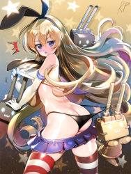 Rule 34 | 10s, 1girl, :&lt;, :3, ^^^, artist name, ass, bad id, bad pixiv id, black panties, blonde hair, blue eyes, blush, butt crack, cowboy shot, elbow gloves, gloves, hairband, kantai collection, long hair, open mouth, panties, panty pull, rensouhou-chan, repi, shimakaze (kancolle), skirt, socks, solo, star (symbol), striped clothes, striped socks, striped thighhighs, thighhighs, underwear, white gloves