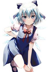 Rule 34 | 1girl, blue dress, blue eyes, blue hair, bow, bowtie, cirno, commentary request, dress, hair bow, hand on own knee, highres, ice, ice wings, looking at viewer, mary janes, natsume suzuri, puffy short sleeves, puffy sleeves, shoes, short sleeves, simple background, solo, touhou, wings