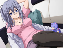 Rule 34 | 10s, 1girl, arm behind head, arm up, bad id, bad pixiv id, bags under eyes, blue eyes, breasts, date a live, glasses, hair between eyes, highres, ishida seito, jewelry, long hair, lying, murasame reine, on back, pantyhose, pendant, purple hair, shirt, side ponytail, solo, stuffed animal, stuffed toy, teddy bear