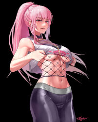 Rule 34 | 1girl, abs, black background, black pants, blunt bangs, blush, breasts, clothes lift, commentary, cowboy shot, english commentary, fishnets, highres, hololive, hololive english, looking at viewer, midriff, mori calliope, mori calliope (streetwear), navel, no bra, pants, parted lips, pink hair, ponytail, red eyes, shirt lift, signature, solo, toned, troya rerumu, underboob, virtual youtuber