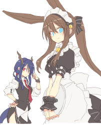 Rule 34 | 2girls, alternate costume, amiya (arknights), animal ears, apron, arknights, bell, black bow, black dress, black skirt, black vest, black wrist cuffs, blue eyes, bow, ch&#039;en (arknights), collared shirt, cowboy shot, dragon girl, dragon horns, dragon tail, dress, enmaided, extra ears, hair bell, hair between eyes, hair bow, hair ornament, horns, looking at viewer, low twintails, maid, maid apron, maid headdress, multiple girls, necktie, ponytail, rabbit ears, rabbit girl, red eyes, red necktie, satou kibi, shirt, sidelocks, simple background, sketch, skirt, sleeves past elbows, smile, tail, twintails, vest, white apron, white background, white shirt, wrist cuffs