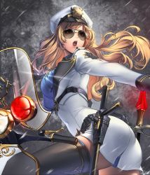 Rule 34 | 1girl, aviator sunglasses, baton, belt, black thighhighs, blonde hair, card (medium), chaos online, cuffs, edelyn, gloves, handcuffs, hat, high heels, holding, long hair, love cacao, motor vehicle, necktie, official art, open mouth, police, police hat, police uniform, red eyes, scooter, solo, stiletto heels, sunglasses, thighhighs, translated, uniform, white gloves, zettai ryouiki
