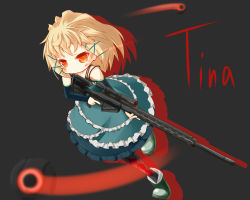 Rule 34 | 10s, 1girl, :/, argyle, argyle clothes, argyle legwear, bare shoulders, black background, black bullet, blonde hair, blush, boots, character name, closed mouth, detached sleeves, dress, frills, full body, green footwear, gun, holding, holding gun, holding weapon, leg up, long sleeves, orange eyes, pantyhose, rifle, silhouette, simple background, sniper rifle, solo, ten usagi, tina sprout, trigger discipline, weapon