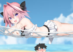 2boys ass astolfo_(fate) beach bikini black_bow blue_sky blurry blurry_background bow bulge commentary_request crossdressing erection erection_under_clothes fang fate/grand_order fate_(series) frilled_bikini frills hair_between_eyes hair_bow hair_intakes hammock highres kitajima_yuuki looking_at_viewer lying male_focus multicolored_hair multiple_boys on_stomach open_mouth outdoors paid_reward_available partial_commentary pink_hair purple_eyes skin_fang sky streaked_hair swimsuit trap v white_bikini white_hair