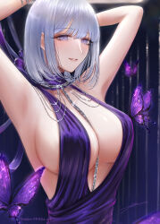Rule 34 | 1girl, armpits, between breasts, blush, bracelet, breasts, bug, butterfly, dress, filha, girls&#039; frontline, grey hair, highres, insect, jewelry, large breasts, looking at viewer, necklace, purple dress, purple eyes, red lips, rpk-16 (girls&#039; frontline), short hair, sideboob, solo, twitter username