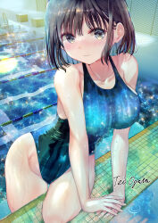 Rule 34 | 1girl, absurdres, artist name, black hair, blue one-piece swimsuit, breasts, collarbone, commentary request, competition swimsuit, embarrassed, grey eyes, highres, lane line, large breasts, looking at viewer, ogata tei, one-piece swimsuit, original, pool, poolside, short hair, solo, starting block, swimsuit, water, wet, wet clothes, wet swimsuit