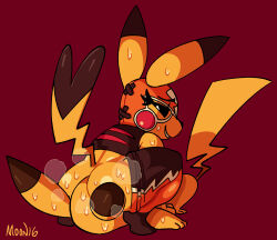 Rule 34 | 1boy, 1girl, animal ears, animal nose, artist name, ass, bare shoulders, black sclera, black shirt, colored sclera, commission, cosplay pikachu, creatures (company), face in ass, furry, furry female, furry male, furry with furry, game freak, gen 1 pokemon, grin, half-closed eyes, happy, hetero, highres, leggings pull, lilmoonie, looking at another, looking down, nintendo, orange leggings, personification, pikachu, pikachu libre, pokemon, pokemon (creature), red background, shirt, signature, simple background, sitting, sitting on face, sitting on person, sleeveless, sleeveless shirt, smile, squatting, steam, steaming body, sweat, tail, tail raised, teeth, white eyes