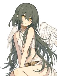 Rule 34 | 1010 neg, 1girl, angel wings, bare arms, blush, crop top, green hair, hair between eyes, highres, long hair, looking at viewer, original, parted lips, simple background, sitting, v arms, very long hair, white background, wings, yellow eyes
