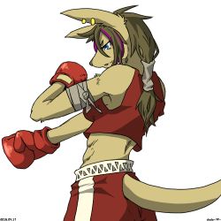 Rule 34 | 1girl, artist request, blue eyes, boxing, boxing gloves, brown hair, female focus, furry, furry female, kangaroo, long hair, lowres, simple background, solo, white background