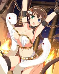 Rule 34 | 1girl, ahoge, armpits, breasts, brown hair, card (medium), chain, chained, cleavage, curvy, deep skin, embarrassed, heterochromia, highres, large breasts, long hair, navel, official art, open mouth, perky breasts, restrained, ryoubi (senran kagura), senran kagura, senran kagura new wave, sex slave, sideboob, skindentation, slave, snake, sweat, teeth, thighs, tongue, twintails, very long hair, wide hips