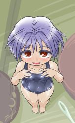 Rule 34 | 1girl, :d, barefoot, blue one-piece swimsuit, blush, bowl, colored eyelashes, commentary request, covered navel, from above, looking at viewer, looking up, mini person, minigirl, needle, one-piece swimsuit, open mouth, purple hair, red eyes, school swimsuit, shiny clothes, short hair, smile, solo, standing, sukuna shinmyoumaru, swimsuit, touhou, winn