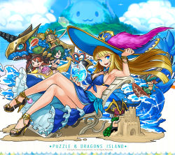 Rule 34 | 3boys, 3girls, :d, anne &amp; mary (p&amp;d), awilda (p&amp;d), bartholomew (p&amp;d), beach, bikini, blackbeard (p&amp;d), blonde hair, blue bikini, blue eyes, breasts, captain kidd (p&amp;d), chibi, cleavage, crossed legs, day, dragon, hat, high heels, highres, hino shinnosuke, large breasts, long hair, multiple boys, multiple girls, official art, open mouth, pirate hat, puzzle &amp; dragons, sand castle, sand sculpture, simple background, sitting, smile, solo focus, star (symbol), surfboard, swimsuit, tamadra, water, waves, white background