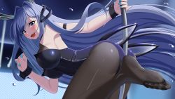 Rule 34 | 1girl, absurdly long hair, absurdres, ass, azur lane, between buttocks, black pantyhose, blue eyes, blue hair, blush, breasts, feet, from side, highres, leotard, long hair, looking at viewer, new jersey (azur lane), new jersey (exhilarating steps!) (azur lane), official alternate costume, open mouth, pantyhose, playboy bunny, pole, pole dancing, skin tight, soles, solo, stripper pole, toes, very long hair