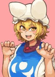 Rule 34 | 1girl, :d, absurdres, animal ears, animal hat, blonde hair, blush, chanta (ayatakaoisii), fang, fox ears, hands up, hat, highres, looking at viewer, mob cap, open mouth, paw pose, pink background, shirt, short hair, simple background, smile, solo, tabard, touhou, upper body, white hat, white shirt, yakumo ran, yellow eyes