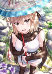 Rule 34 | 1girl, :d, arm guards, bare shoulders, black bow, black scarf, black thighhighs, bow, breasts, brown eyes, commentary request, day, fate/grand order, fate (series), feet out of frame, flower, garden, hair between eyes, hair bow, hakuda tofu, highres, holding, holding umbrella, japanese clothes, kimono, koha-ace, light brown hair, looking at viewer, medium breasts, obi, oil-paper umbrella, okita souji (fate), okita souji (koha-ace), open mouth, outdoors, pink flower, purple flower, sash, scarf, sleeveless, sleeveless kimono, smile, solo, standing, thighhighs, transparent, transparent umbrella, umbrella, water, white kimono