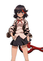 Rule 34 | &gt;:(, 10s, 1girl, bare legs, black hair, blue eyes, blush, frown, gloves, hand on own hip, jacket, kill la kill, looking at viewer, matoi ryuuko, multicolored hair, open clothes, open jacket, red hair, scissor blade (kill la kill), short hair, single glove, solo, taketake09190920, two-tone hair, v-shaped eyebrows, white background