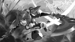 Rule 34 | 1boy, 1girl, battle, brew.art, center opening, chasing, clenched teeth, cyborg, dual wielding, energy wings, explosion, fiora (xenoblade), foreshortening, greyscale, holding, mecha-fiora, mecha-fiora (speed cowling), monochrome, navel, nintendo, short hair, spoilers, sword, teeth, weapon, xenoblade chronicles 1, xenoblade chronicles (series), zanza (xenoblade)