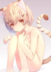Rule 34 | 10s, 1girl, animal ears, blonde hair, blush, cat ears, cat tail, collarbone, embarrassed, gradient background, highres, kemono friends, nude, paw pose, sand cat (kemono friends), solo, tail, tatapopo, yellow eyes