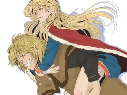 Rule 34 | 2boys, arms around neck, blonde hair, canute, carrying, carrying person, clenched teeth, cloak, eyelashes, floating hair, fur trim, highres, legs, long hair, looking afar, male focus, maliaehart, multiple boys, parted lips, piggyback, prince, simple background, smile, teeth, thighs, thorfinn, upper teeth only, viking, vinland saga, white background
