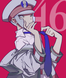 Rule 34 | 1boy, adjusting clothes, adjusting necktie, belt, blue necktie, closed mouth, coat, collared shirt, creatures (company), emmet (pokemon), from side, game freak, grey coat, grey hair, grey hat, hand on own chin, hands up, happy, hat, highres, long sleeves, looking at viewer, male focus, milk (milk319319), necktie, nintendo, off shoulder, open clothes, open coat, peaked cap, pokemon, pokemon bw, red background, shirt, short hair, sidelocks, simple background, smile, solo, standing, undressing, white eyes, white shirt