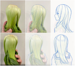 Rule 34 | 1girl, bok choy, breasts, food, from behind, from side, highres, holding, holding food, holding vegetable, looking up, making-of, medium breasts, multiple views, original, personification, photo-referenced, photo (medium), photo inset, sailor collar, school uniform, serafuku, sketch, unfinished, vegetable, zero (miraichizu)