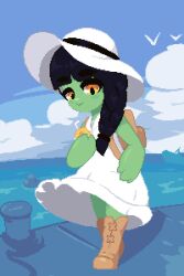 Rule 34 | 1girl, backpack, bag, bird, black hair, blush, boat, boots, braid, braided ponytail, closed mouth, cloud, colored skin, dock, dress, frog girl, full body, green skin, hat, holding, juice box, long hair, looking at viewer, minimilieu, monster girl, ocean, original, pixel art, shoes, smile, solo, standing, sun hat, thick eyebrows, watercraft, white dress, yellow eyes