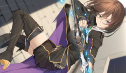 Rule 34 | 1girl, arrow (projectile), boots, bow (weapon), breasts, brown hair, cape, green eyes, heterochromia, highres, large breasts, long sleeves, original, pallad, purple eyes, short hair, shorts, solo, thigh boots, thighhighs, weapon