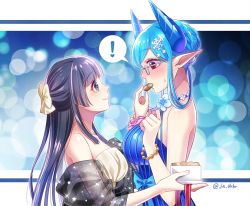 Rule 34 | !, 2girls, alternate costume, alternate hairstyle, bare shoulders, black dress, black hair, blue hair, blush, breasts, dragon girl, dragon horns, dress, food, from side, holding, holding food, horns, jin akhr, large breasts, long hair, looking at another, protagonist 2 (housamo), medium breasts, melusine (housamo), multiple girls, pointy ears, red eyes, smile, snowflakes, spoken exclamation mark, tokyo houkago summoners, upper body, yuri