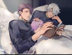 Rule 34 | 1girl, 2boys, bad id, bad twitter id, bodysuit, book, child, commentary, commentary request, family, fate/grand order, fate (series), father and son, galahad (fate), hand on another&#039;s head, highres, lancelot (fate/grand order), looking at another, mash kyrielight, multiple boys, nari (kal brot), pillow, purple hair, reading, silver hair, sleeping, sleeping on person, under covers