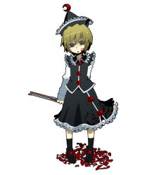 Rule 34 | 1girl, 2215, 221 (tsutsuichi), blonde hair, blood, crescent, empty eyes, female focus, hat, long sleeves, lunasa prismriver, open mouth, short hair, solo, standing, touhou, white background, yandere, yellow eyes