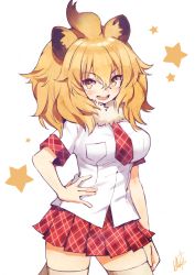 Rule 34 | 1girl, animal ears, bad id, bad twitter id, blonde hair, blush, commentary request, cowboy shot, fang, fur collar, hand on own hip, hatagaya, kemono friends, lion (kemono friends), lion ears, lion girl, lion tail, necktie, open mouth, plaid, plaid necktie, plaid neckwear, plaid skirt, plaid trim, pleated skirt, shirt, short hair, short sleeves, skirt, solo, t-shirt, tail, thighhighs, white shirt, white thighhighs, zettai ryouiki
