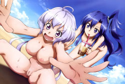 Rule 34 | beach, breasts, bubble tea, cleft of venus, highres, kazanari tsubasa, nipples, nude, nude filter, outstretched arms, pussy, senki zesshou symphogear, tagme, third-party edit, uncensored, water, yukine chris