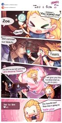Rule 34 | !, &gt; &lt;, 1girl, 2boys, :p, ?, armlet, beancurd, blonde hair, blush, brown hair, comic, crop top, crying, english text, closed eyes, ezreal, green eyes, half-closed eyes, handkerchief, heart, heterochromia, highres, league of legends, long hair, looking at another, midriff, multiple boys, navel, open mouth, orange hair, orb, purple eyes, rivalry, sad, sarong, scarf, shorts, speech bubble, taric, tears, text focus, tongue, tongue out, very long hair, zoe (league of legends)