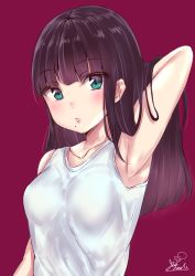 Rule 34 | 1girl, absurdres, aqua eyes, arm behind back, arm up, armpits, bare arms, bare shoulders, blush, breasts, collarbone, commentary request, hand in own hair, highres, kaya (yoshina9), kurosawa dia, long hair, looking at viewer, love live!, love live! sunshine!!, medium breasts, mole, mole under mouth, parted lips, purple background, purple hair, signature, simple background, solo, tank top, upper body