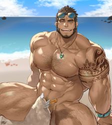 Rule 34 | 1boy, abs, arm tattoo, arms at sides, bara, beach, beard, black hair, chest hair, convenient censoring, day, eyewear on head, facial hair, feet out of frame, gomtang, hairy, jewelry, large pectorals, leg hair, magatama, magatama necklace, male focus, male pubic hair, mature male, muscular, muscular male, navel, navel hair, necklace, nipples, nude, original, outdoors, pectorals, pubic hair, public indecency, sand, short hair, smile, solo, spread legs, stomach, sunlight, tattoo, thick thighs, thighs
