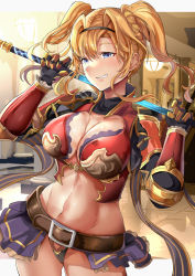 Rule 34 | 1girl, arm guards, armor, asymmetrical bangs, belt, bikini, bikini armor, bikini bottom only, black bikini, blonde hair, blue eyes, braid, breasts, brown belt, carrying over shoulder, cleavage, commentary request, cowboy shot, gauntlets, gluteal fold, granblue fantasy, groin, hair intakes, hairband, highres, himuro shunsuke, holding, holding polearm, holding spear, holding weapon, lamp, large breasts, looking at viewer, midriff, navel, pillar, polearm, purple skirt, red armor, showgirl skirt, shrug (clothing), sidelocks, skirt, smile, smirk, solo, spear, swimsuit, tile floor, tiles, twintails, weapon, zeta (granblue fantasy)