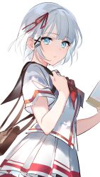 Rule 34 | 1girl, bag, black sailor collar, blue eyes, book, hair ornament, hair ribbon, hairclip, hands up, highres, holding, holding book, looking at viewer, lua22, neckerchief, open mouth, red neckerchief, red ribbon, ribbon, sailor collar, school uniform, serafuku, shirt, short hair, short sleeves, shoulder bag, siesta (tantei wa mou shindeiru), simple background, skirt, solo, tantei wa mou shindeiru, upper body, white background, white hair, white shirt, white skirt, x hair ornament