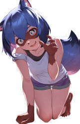 Rule 34 | 1girl, :d, all fours, animal ear fluff, animal ears, black bra, blue hair, blue shorts, bra, brand new animal, breasts, claws, commentary, dolphin shorts, furry, furry female, highres, imori (lizzy), kagemori michiru, looking at viewer, military vehicle, motor vehicle, multicolored hair, open mouth, purple eyes, raccoon ears, raccoon tail, short shorts, shorts, simple background, small breasts, smile, solo, sports bra, strap slip, symbol-only commentary, tail, tank, tank top, teeth, underwear, white background, white tank top