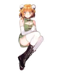 1girl black_footwear blonde_hair blunt_bangs blush boots breasts brown_hair bun_cover china_dress chinese_clothes cleavage cleavage_cutout clothing_cutout cross-laced_footwear double_bun dress elbow_gloves gloves green_dress hair_bun highres invisible_chair kimi_ga_shine large_breasts looking_at_viewer maple_(kimi_ga_shine) medium_breasts own_hands_together parted_lips short_dress short_hair side_up_bun simple_background sitting solo thighhighs uououoon white_background white_gloves white_thighhighs