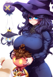 Rule 34 | 1girl, ahoge, alternate breast size, basket, blue eyes, blush, breasts, candy, closed mouth, commentary request, creatures (company), dress, drifblim, food, frown, game freak, gen 4 pokemon, hat, hex maniac (pokemon), highres, huge breasts, long hair, looking at viewer, messy hair, nintendo, npc trainer, pokemon, pokemon (creature), pokemon xy, purple dress, purple hair, ringed eyes, simple background, solo, standing, tokyo (great akuta), wavy mouth, white background, witch hat