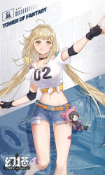 Rule 34 | 1girl, :q, ahoge, arm up, bandaid, belt, black choker, black gloves, blonde hair, blue shorts, breasts, choker, closed mouth, clothing cutout, crop top, cutoffs, denim, denim shorts, exposed pocket, fingerless gloves, front-tie top, gloves, hair ornament, halterneck, large breasts, long hair, looking at viewer, low twintails, midriff, navel, official art, orange eyes, outstretched arm, shirli (tower of fantasy), shirt, short shorts, short sleeves, shorts, shoulder cutout, smile, solo, star (symbol), star hair ornament, stomach, thighs, tongue, tongue out, tower of fantasy, twintails, undershirt, very long hair, white shirt, x hair ornament