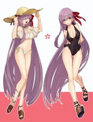 Rule 34 | 10s, 2girls, arms behind back, bare legs, bare shoulders, bb (fate), bb (fate/extra), bikini, black one-piece swimsuit, bow, breasts, choker, cleavage, clog sandals, collarbone, dual persona, closed eyes, fate/extra, fate/extra ccc, fate (series), feet, hair bow, hat, highres, hino hinako, large breasts, legs, light purple hair, long hair, matou sakura, multiple girls, one-piece swimsuit, open mouth, purple eyes, ribbon, ribbon choker, sandals, side-tie bikini bottom, simple background, smile, sun hat, swimsuit, very long hair, white bikini