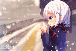 Rule 34 | 1girl, blue eyes, blue jacket, blurry, blurry background, blush, breath, breathing on hands, brown sweater, chinomaron, commentary request, day, depth of field, fringe trim, gochuumon wa usagi desu ka?, hair between eyes, hair ornament, hands up, highres, jacket, kafuu chino, long hair, long sleeves, outdoors, parted lips, plaid, plaid scarf, profile, red scarf, scarf, sleeves past wrists, snowing, solo, sweater, train station, train station platform, upper body, very long hair, x hair ornament